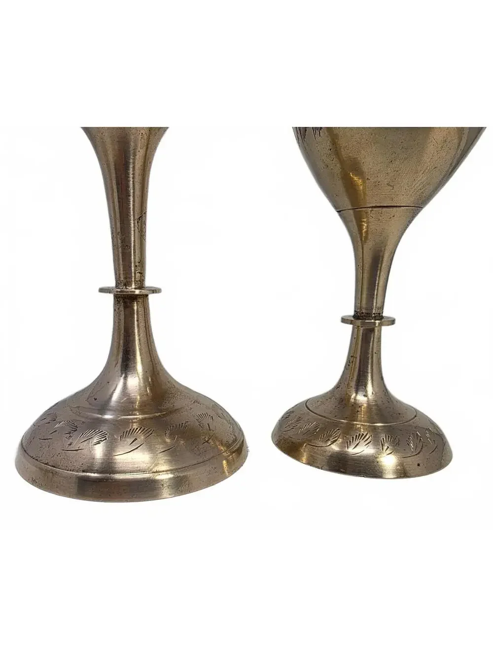 Vintage Indian Brass Vases Set of 4 Etched Floral Graduated Ruffled Rim